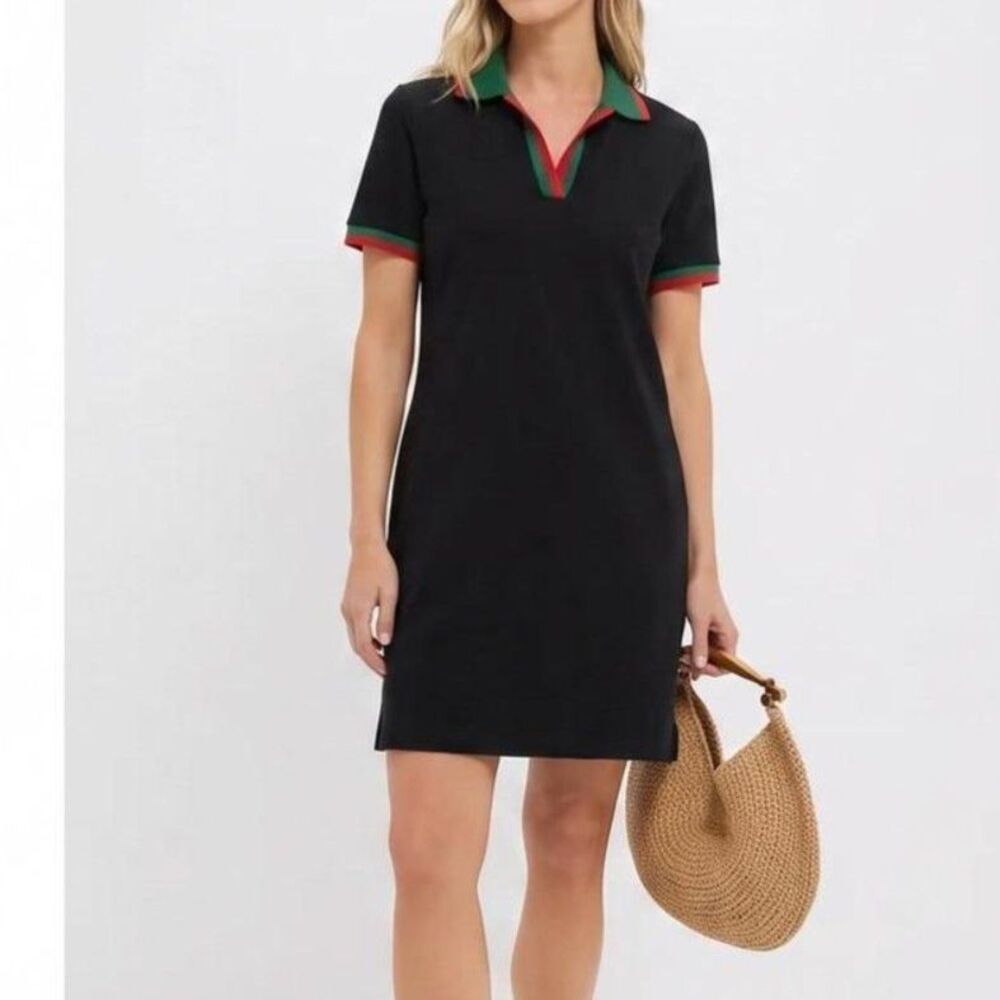 Tuckernuck Hutton Polo Dress Black Green Red Trim Cotton Size M